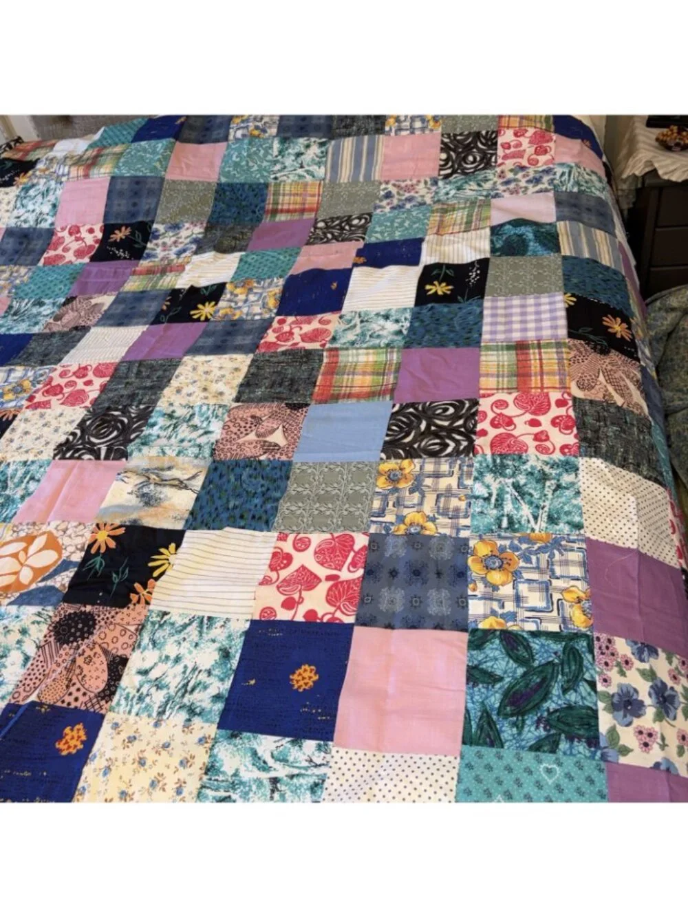 Vintage 68x82 Patchwork Cotton Print Quilt Topper
